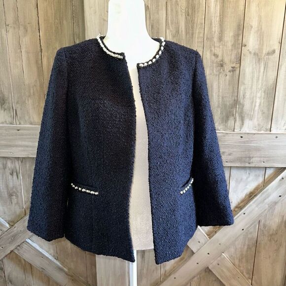 Kasper Boucle Textured Pearl Embellished Tweed Jacket Blazer - Picture 2 of 6